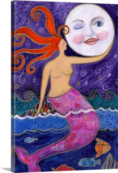 a painting of a mermaid holding a moon above her head