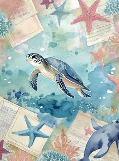 a painting of a sea turtle and dolphin swimming in the ocean with books on it