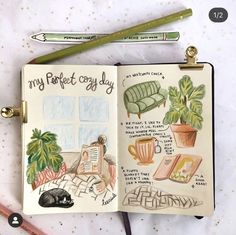 an open notebook with drawings on it next to some pencils and a potted plant