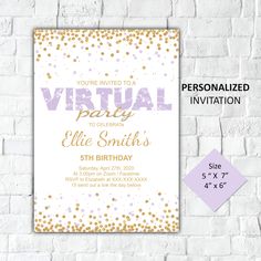 a virtual party with gold and silver confetti on it, next to a brick wall