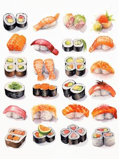 an illustration of sushi and other food items on a white background with watercolors