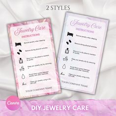 two cards with instructions for jewelry care and instructions on how to use the same card