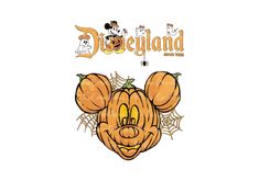 a mickey mouse pumpkin with the word disneyland on it's face and some other cartoon characters