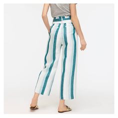 J. Crew | Cabana Stripe Linen Pant =+ Brand: J. Crew =+ Fit: True-To-Size = Size: Womens' 8 =* Color: Turquoise Jade White =* Features: A Polished Tie Waist, And Breezy Linen Fabrication. Zip Fly. On-Seam Pockets. = Condition: New With Tags. = Material: Linen. Lined. = Fit: High Rise. Slim Through Hip And Thigh, With A Cropped, Wide Leg. Front Rise: 14", 25" Inseam; 22 1/2" Leg Opening (Based On A Size 6) White Bottoms With Vertical Stripes For Summer, White Vertical Striped Bottoms For Summer, White High Waist Bottoms With Vertical Stripes, High Waist White Bottoms With Vertical Stripes, High-waist Summer Bottoms With Vertical Stripes, High Waist Striped Pants For Beach, White Wide Leg Bottoms With Vertical Stripes, White Pants With Vertical Stripes For Spring, Chic Striped High Rise Pants