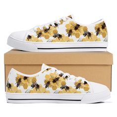 CHRISTMAS ORDERS: Please note orders placed today will not arrive before Christmas. A unique and original pair of high quality, canvas sneakers with cool bee and hive print. The perfect gift for the bee lover! These custom sneakers are printed canvas with rounded toe and lace-up closure for a snug, comfortable fit. Eyelets are metal for that classic look. The sneakers feature a soft textile lining with lightweight construction for maximum comfort and high-quality outsole for traction and excepti Casual Lace-up Sneakers As Gift, Yellow Cotton Lace-up Sneakers, Yellow Cotton Low-top Sneakers, Bee Shoes, Bridal Sneakers, Shoes Low Top, Bee Lover Gifts, Large Leather Tote Bag, Brand Name Shoes