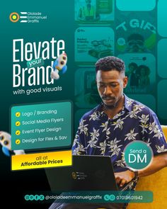 a man sitting on a yellow chair using a laptop with the words elevate your brand