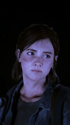 the last of us character with freckles on her face, looking at the camera