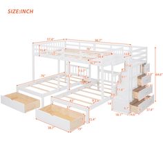 bunk bed with stairs and storage drawers for the bottom level, shown in white finish