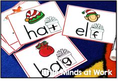 three christmas themed flash cards with the words,'hot elf'and an elf hat