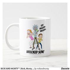 a white coffee mug with rick and mort on it