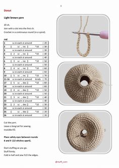 instructions to crochet a light brown yarn ball with thread and needle on it