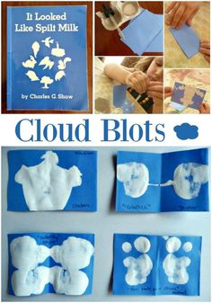 there are several pictures of clouds made out of paper and some other things to do with them