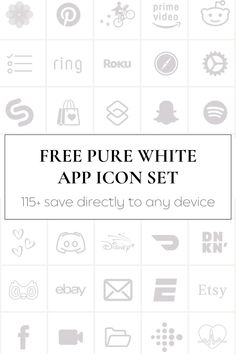 the free white app icon set is displayed in front of an image with text that reads,