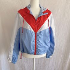 Nwt H&M Divided Retro Style Sport Jacket Windbreaker Size Small Red, White And Light Blue Red Pull Ties Cords On Each Side Of Hemline Gathered Wrists Hood With Pull Ties Zipper Front Shoulder To Hemline 21 Inches Pit To Pit 22 Inches Casual Spring Color Block Outerwear, Blue Patchwork Windbreaker For Fall, Spring Windbreaker With Patchwork, Blue Hooded Windbreaker With Color Block, Blue Color Block Hooded Windbreaker, Blue Hooded Color Block Windbreaker, Red Spring Windbreaker With Pockets, Red Color Block Long Sleeve Windbreaker, Red Long Sleeve Color Block Windbreaker