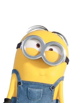 a minion with glasses and overalls is standing in front of a white background