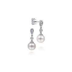 Gabriel & Co. Vintage Style Pearl Drop Diamond Earrings Timeless White Diamond Dangle Earrings, Timeless White Pierced Earrings, Timeless White Gold Dangle Pearl Earrings, Timeless White Pearl Drop Earrings, Drop Diamond Earrings, Gabriel Jewelry, Stackable Necklaces, Organic Nature, Earring Box