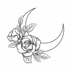 a drawing of a rose and the moon with leaves on it's side, in black and white