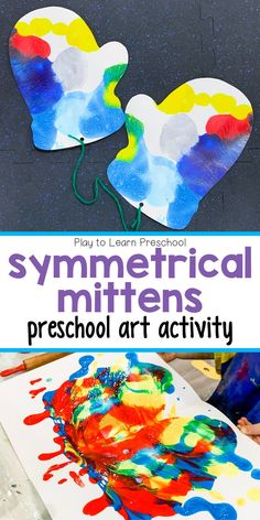 an art activity for kids to learn how to make symmetrical mittens and paint them with watercolors