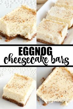 eggnog cheesecake bars are cut into squares and placed on a white plate