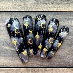 Dawn Witch Designs Unique, re-usable, hand painted, and made in Canada. These luxury press on nails are handmade using high quality gel polish and salon-grade materials.  ✨ MIDNIGHT SKY ✨  Like looking up at the night sky, this set showcases wispy white clouds over a black starry sky. *The shape shown in the pictures is the XL Coffin *Colours may appear a little different due to your personal monitor settings* ✨ BUY 3 GET 1 PROMOTION ✨  ➜ Buy 3 sets of press on nails and get 1 set free! (Free se Midnight Nail Art, Starry Sky Nails, Celestial Acrylic Nails, Moon And Stars Nail Designs, Starry Night Nail Art, Night Court Nails, Moon Phase Nails, Midnight Nails, Night Sky Nails