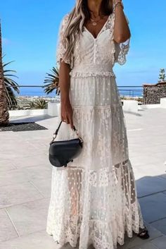 Elegant Short Sleeve Lace Maxi Dress, Short Sleeve Lace Dress For Summer, Chic Lace Patchwork Maxi Dress, Chic Maxi Lace Patchwork Dress, Feminine Short Sleeve Lace Maxi Dress, Elegant Maxi Dress With Lace Short Sleeves, Summer V-neck Maxi Dress With Lace Patchwork, V-neck Lace Patchwork Maxi Dress, Wedding Maxi Dress With Lace Short Sleeves