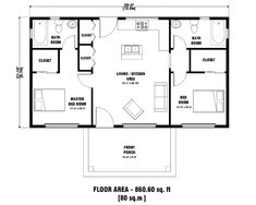 the floor plan for a two bedroom cabin with an attached bathroom and living room area