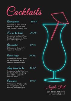 a menu for cocktails with neon lights