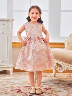 Young Girl Summer Elegant Bow Decorated Jacquard Formal Dress For Parties And Events Pink Party  Sleeveless Fabric Floral,All Over Print Fit and Flare Non-Stretch  Young Girls Clothing, size features are:Bust: ,Length: ,Sleeve Length: Dress For Parties, Summer Elegant, Rose Bonbon, Pink Party, Pink Parties, Fabric Floral, Girls Clothing, Formal Dress, Dress P