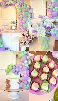 the dessert table is decorated with pastel colors