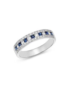 Bloomingdale's Diamond & Blue Sapphire Three Row Band Ring in 14K White Gold - 100% Exclusive Sapphire Ring Band, Classic Blue Rings With Pave Setting, Formal Blue Diamond Ring Channel Set, Luxury Blue Rings With Channel Set, Luxury Blue Channel Set Rings, Elegant Blue Diamond Ring With Channel Set, Wedding Ring Redesign, Ring Redesign, Sapphire Anniversary Ring