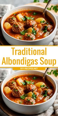 two bowls of traditional albondigas soup with potatoes and meat