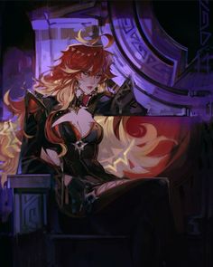 a woman with long red hair sitting on a bench in front of a large clock