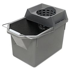 a grey trash can with a lid on the side and a strainer in it