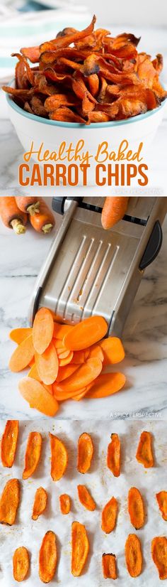 the carrot chips are being cut into small pieces and placed on top of each other