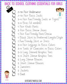 the back to school clothing essentials for girls is shown in pink and blue checklist