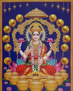 the hindu goddess sitting on top of a pot with flowers in her hand and surrounded by gold