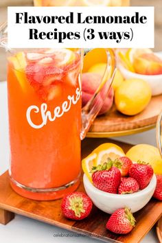 pitcher of lemonade with bowl of strawberries and lemon slices. Flavored Lemonade Recipes, Lemonade Recipe For Party, Pitcher Drink Recipes, Lemonade Stand Party, Recipes For Parties, Infused Lemonade, Flavored Lemonade, Lemonade Bar