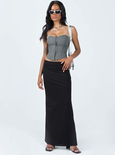 Maxi skirt  65% rayon 30% nylon 5% elastane  Low waisted  Invisible zip fastening at side  Side slit    Good stretch  Unlined Low Waisted Black Skirt, Low Waist Maxi Skirt, Maxi Skirt Work, Clubbing Outfits, Hanky Hem, Womens Maxi Skirts, Crop Top Casual, Corset Crop Top, Corsets And Bustiers