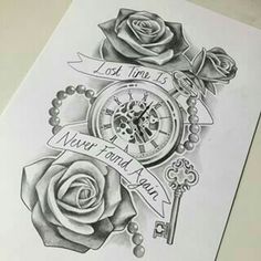 a drawing of a rose with a clock on it's side and the words i love you