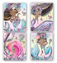 four different pictures of mermaids with colorful hair and flowers on them, one is wearing a