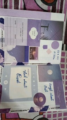 two pieces of paper with different designs on them, one is purple and the other is white