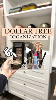 the dollar tree organization video is displayed in front of a white cabinet with makeup products