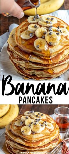 pancakes with bananas and chocolate chips are stacked on top of each other in front of the pancake