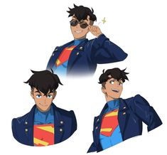 four different poses of a man in a suit with superman's cape on his chest