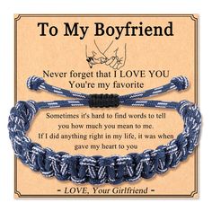 two blue and white braided bracelets with the words to my boyfriend, never forget that i love you