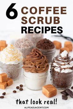 Learn how to make 6 DIY coffee body scrubs that look real! These coffee scrubs look like your favorite coffee house drinks, including the popular dalgona coffee! There's also a mocha scrub with chocolate drizzle and whipped soap, vanilla latte scrub, caramel latte with caramel sauce, vegan coconut milk latte + more! These homemade coffee scrubs have benefits including exfoliation for silky smooth skin, caffeine for helping to reduce cellulite and coconut oil to moisturize. Coffee Body Scrub Diy, Caramel Sauce Vegan, Coconut Milk Latte, Body Scrub Recipes, Diy Sugar Scrub Recipe