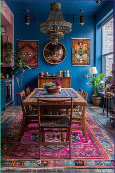 a dining room with blue walls and colorful rugs