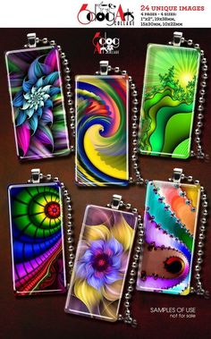 four different colored pendants with spiral designs on them, all hanging from the same metal chain