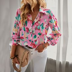 Women's Blouse Spring Artist Print Pink Shirt Long Sleeve Summer Shirts, Pick Outfits, Casual Blouse Shirts, Print Pink, Women Shirts Blouse, Pink Shirt, Fit Style, Ladies Tops Fashion, Casual Shirt