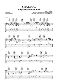 sheet music for guitar with the words shallow written in black and white, on top of it